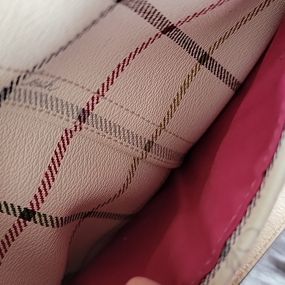 Coach Tattersall Plaid Peyton Pebbled Leather Shoulder Bag Cream Gold Pink Blue - Picture 16 of 16